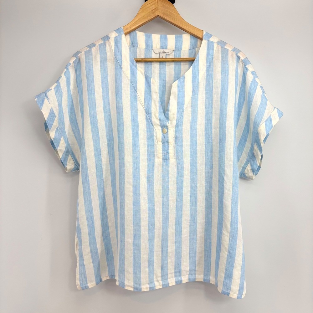 LL Bean Signature Women Large Blue White Striped 100% Linen Blouse Top Coastal